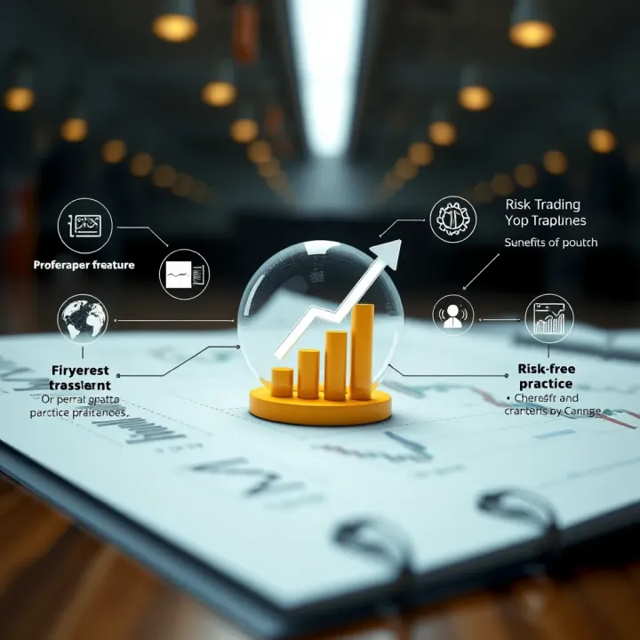 Illustration of benefits and features of paper trading platforms with icons representing growth and risk-free practice