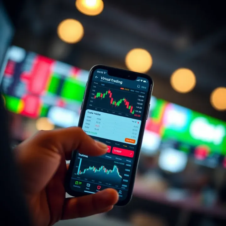 Mobile phone screen displaying stock market charts and virtual trading interface for practicing investment strategies