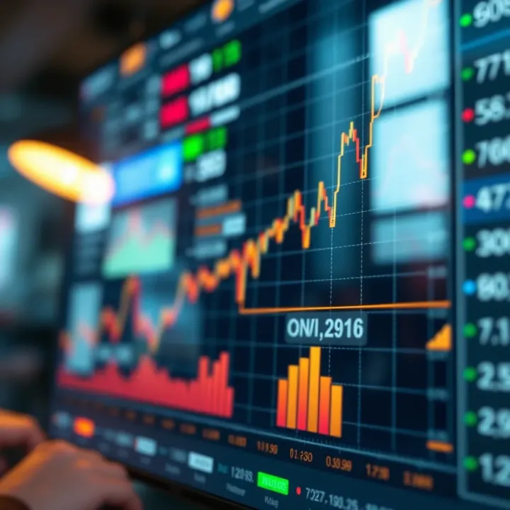 Digital graph showing rising stock market trends with options trading symbols