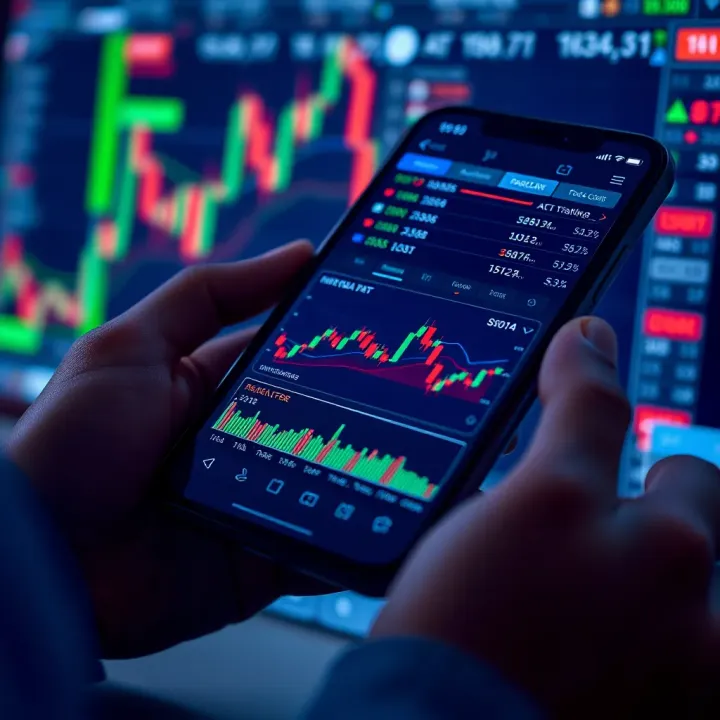 Mobile smartphone displaying a forex trading app interface with currency charts and market trends