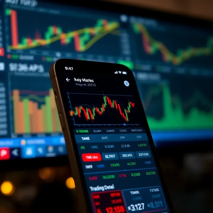 Smartphone screen displaying a forex trading app interface with charts and currency pairs