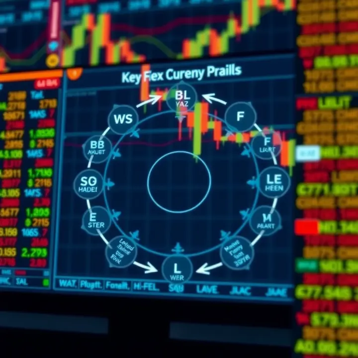 Diagram showing major forex currency pairs with arrows indicating volatility and strength factors