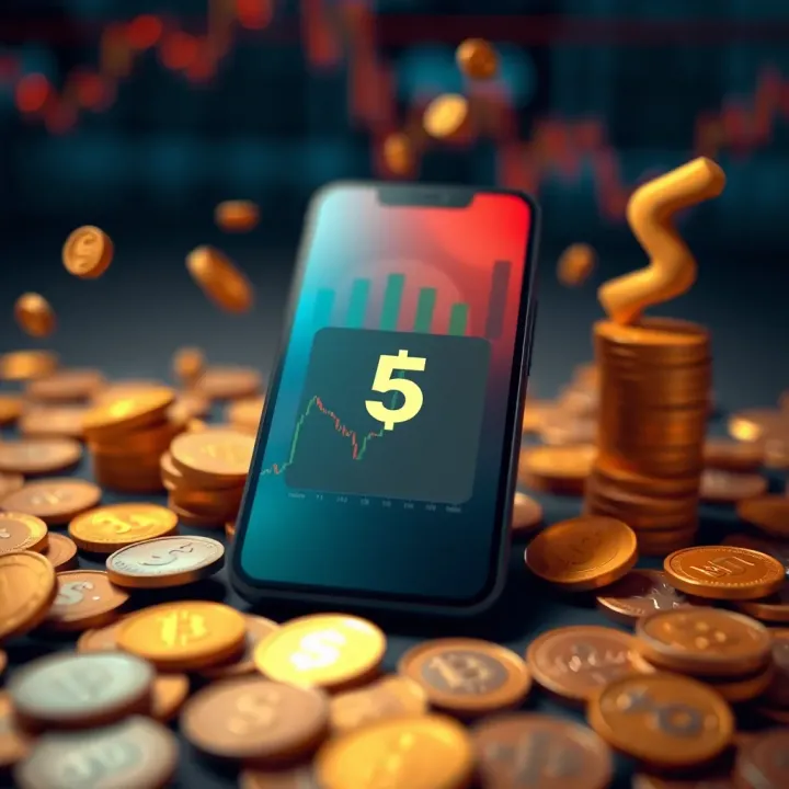 Illustration of a smartphone surrounded by coins and currency symbols representing investment and low deposit trading