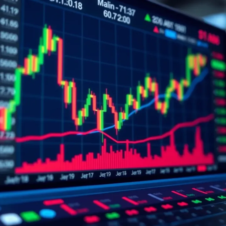 Graph showing stock market trends on a digital trading platform with candlestick charts and indicators