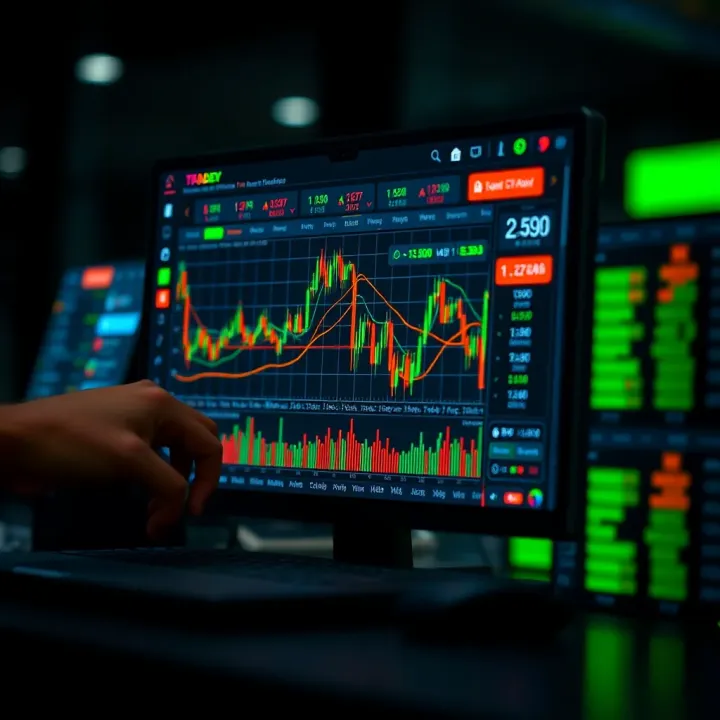 Digital interface displaying virtual stock trading charts and market data