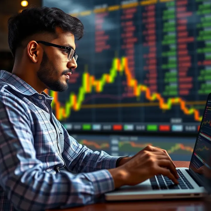 Indian Investor Engaged in Paper Trading Practice Illustration of an Indian investor analyzing stock trends on a laptop with a calm market background