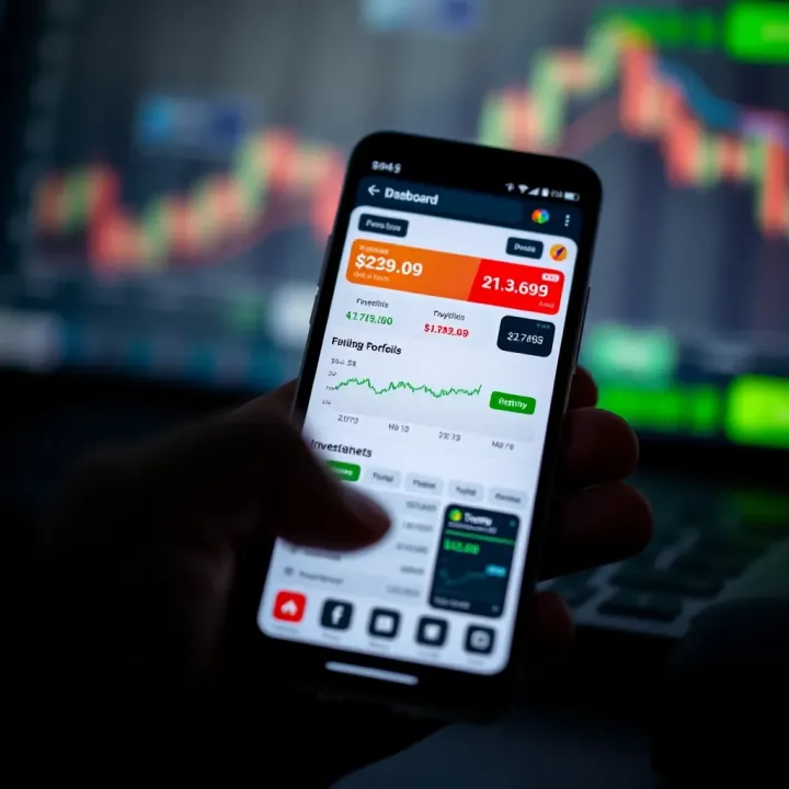 Smartphone screen with trading app dashboard highlighting investment portfolio and analytics