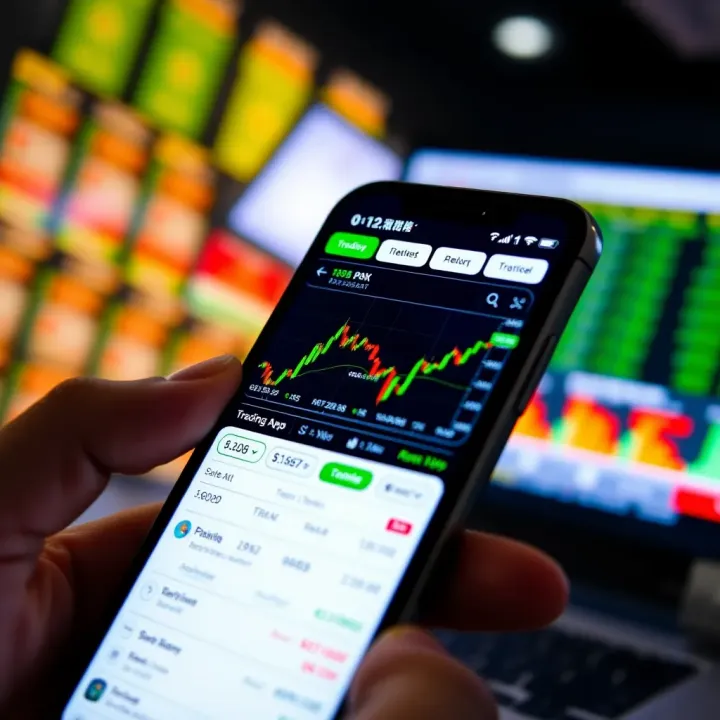 Mobile phone screen displaying a trading app interface with charts and market data