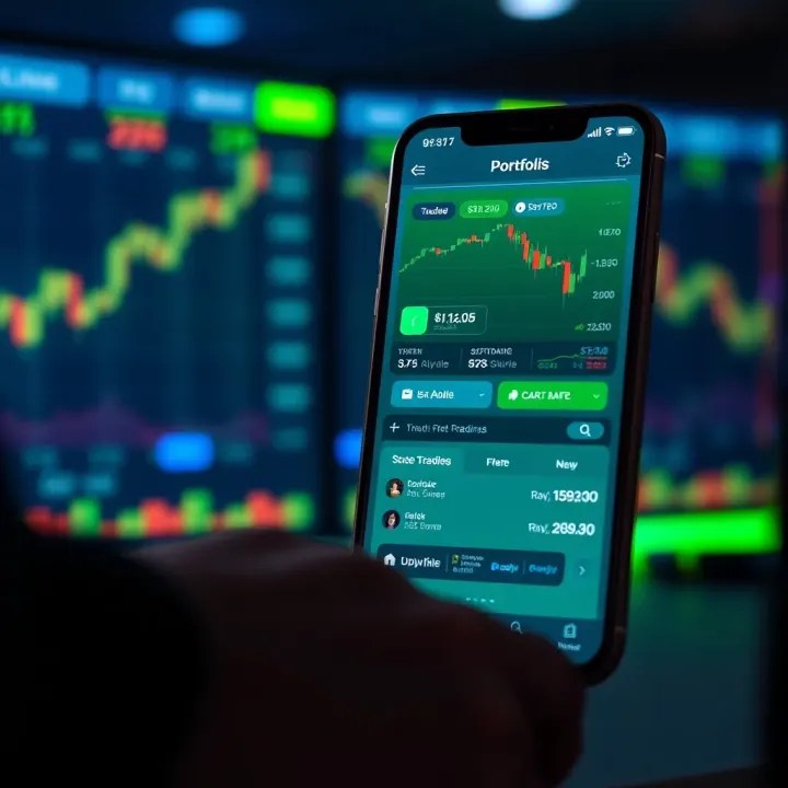 Mobile phone showing a virtual portfolio and risk-free trading options for beginners