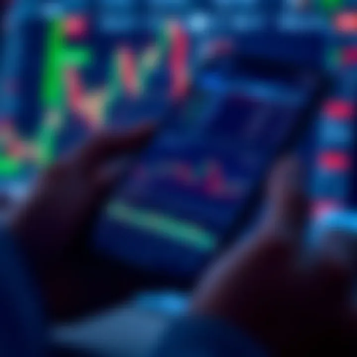 Mobile smartphone displaying a forex trading app interface with currency charts and market trends