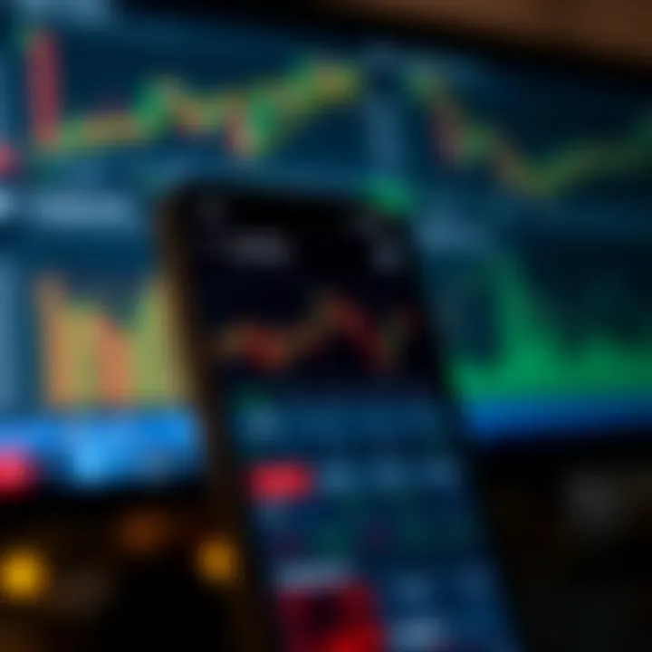 Smartphone screen displaying a forex trading app interface with charts and currency pairs
