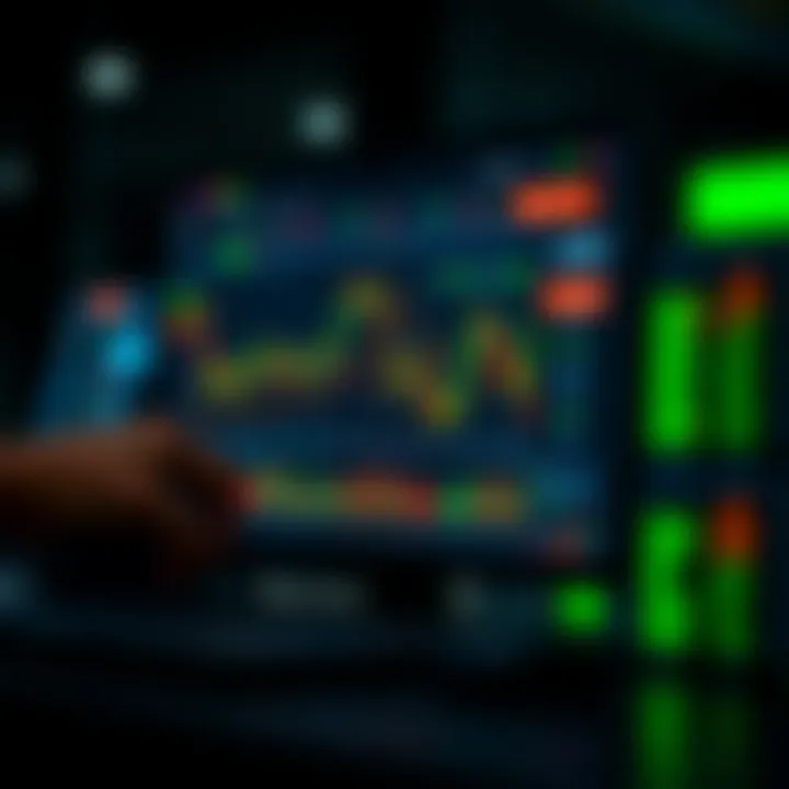 Digital interface displaying virtual stock trading charts and market data