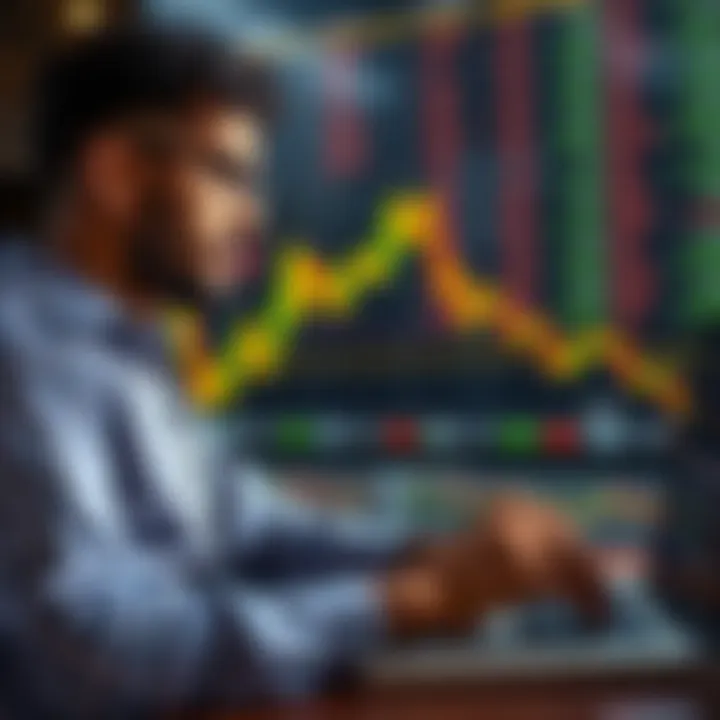 Illustration of an Indian investor analyzing stock trends on a laptop with a calm market background