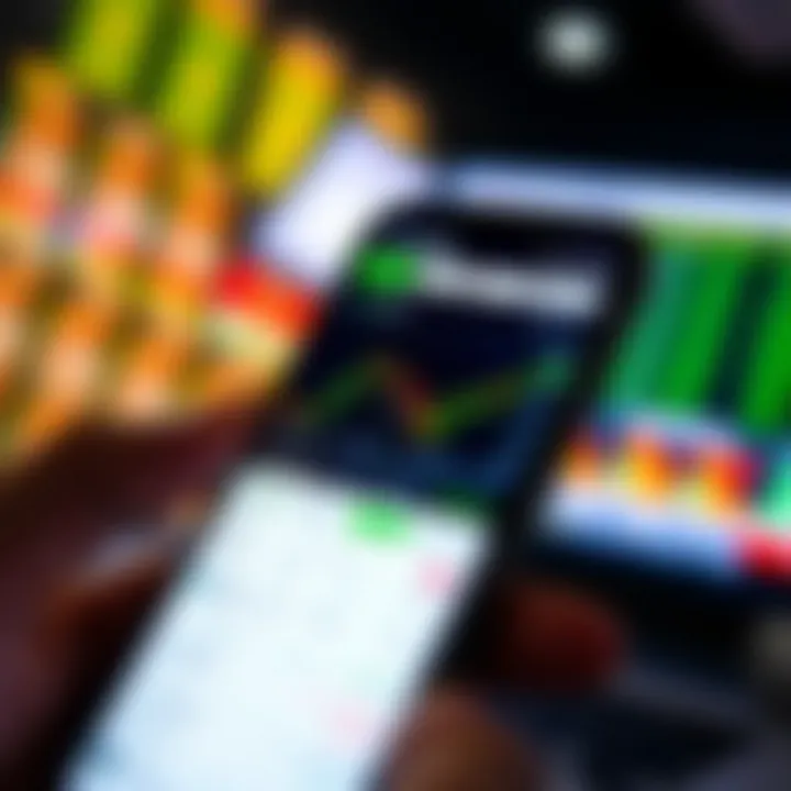 Mobile phone screen displaying a trading app interface with charts and market data