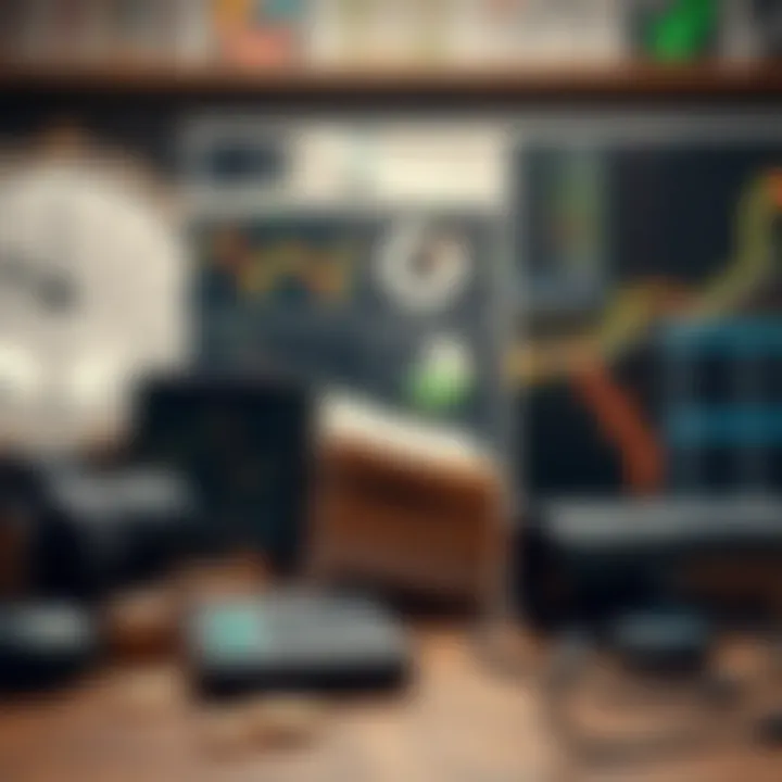 Illustration showing key elements of forex trading courses including charts, books, and digital learning devices