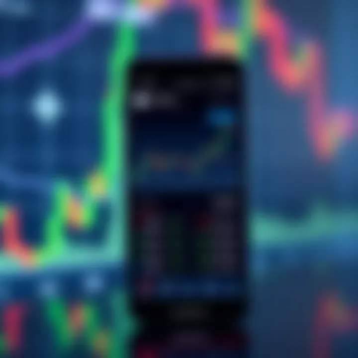 Mobile phone displaying a currency trading app interface with charts and currency exchange rates