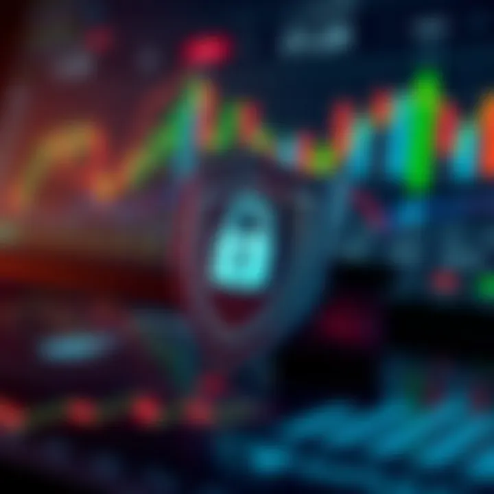 Security Features and Cost Considerations in Trading Apps Illustration showing security shield and digital lock over financial graphs and app icons