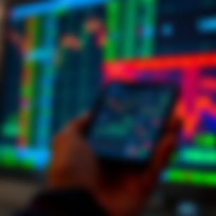 Smartphone screen displaying multiple trading app interfaces with charts and financial data