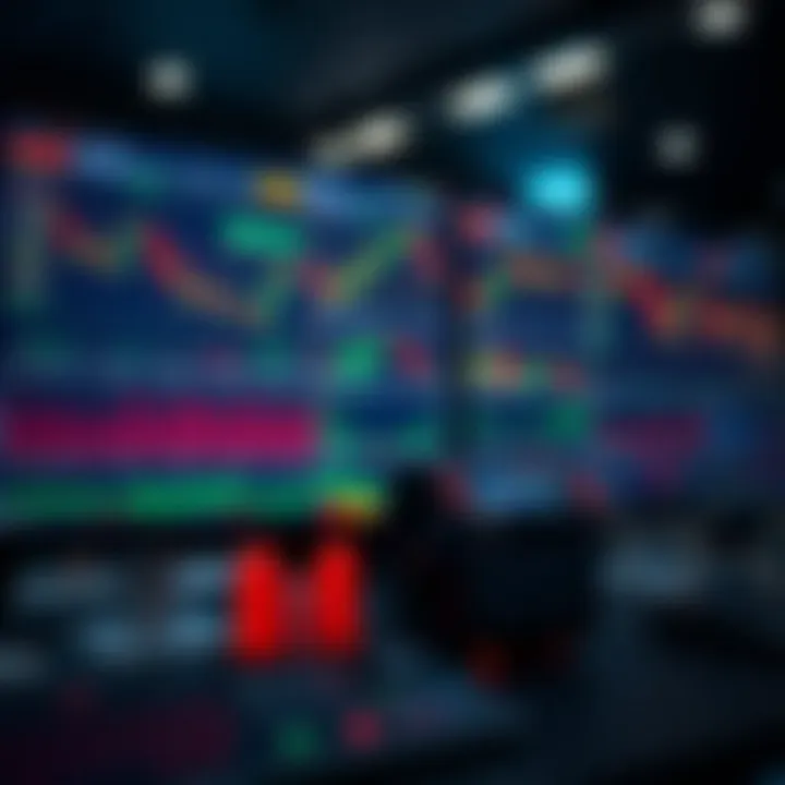 A digital interface displaying various stock charts and simulated trading dashboards
