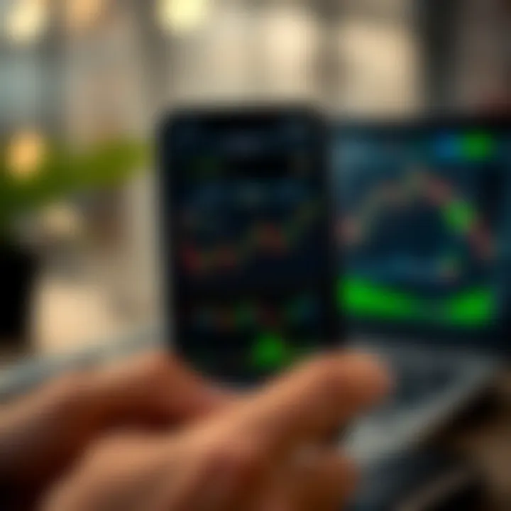 Mobile device displaying a trading app interface with charts and market data