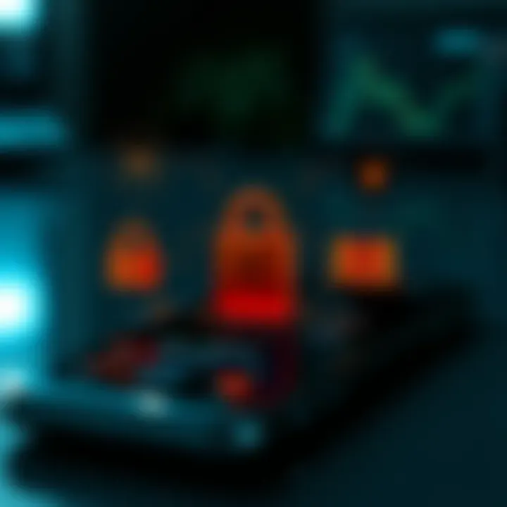 Illustration of security features like encryption and data protection icons over a mobile device