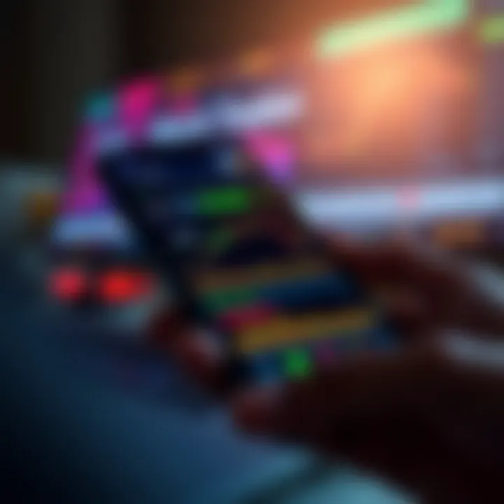 Mobile phone displaying an online share trading application with charts and market data