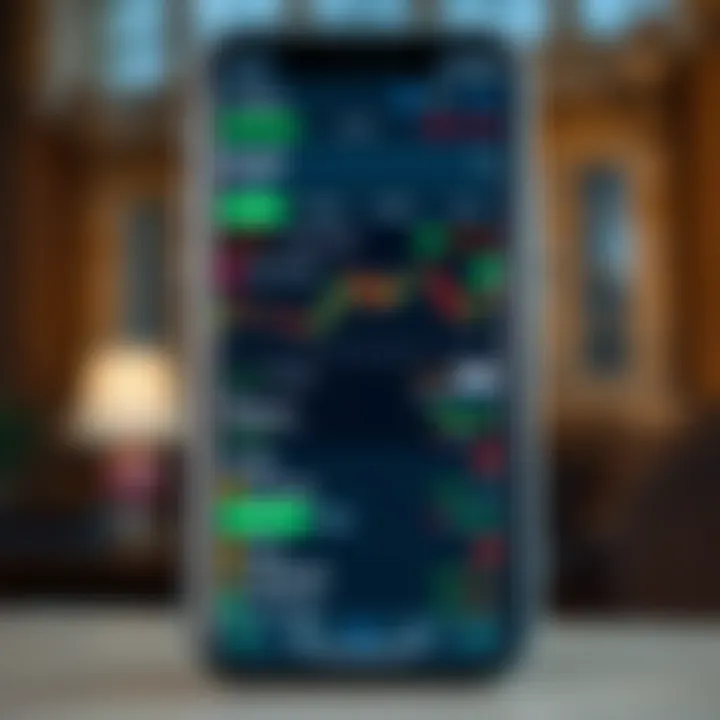 Mobile phone screen displaying a variety of stock market charts and trading options