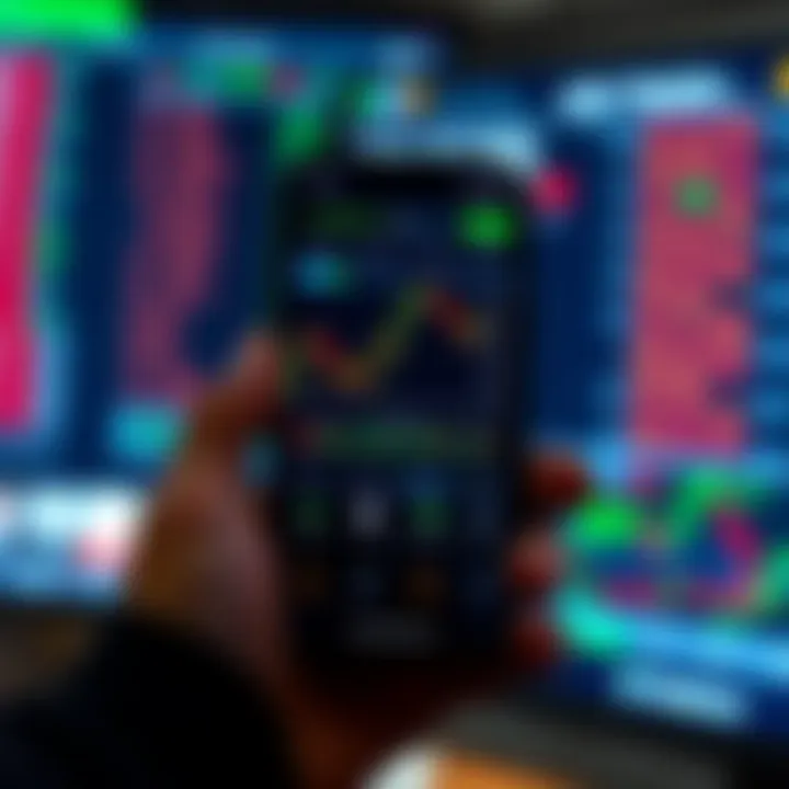 Mobile phone screen displaying a user-friendly trading app interface with stock charts and market data