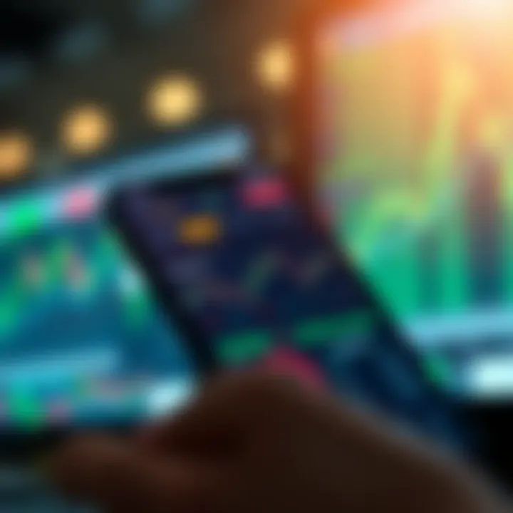 A smartphone screen displaying a secure trading app interface with charts and indicators