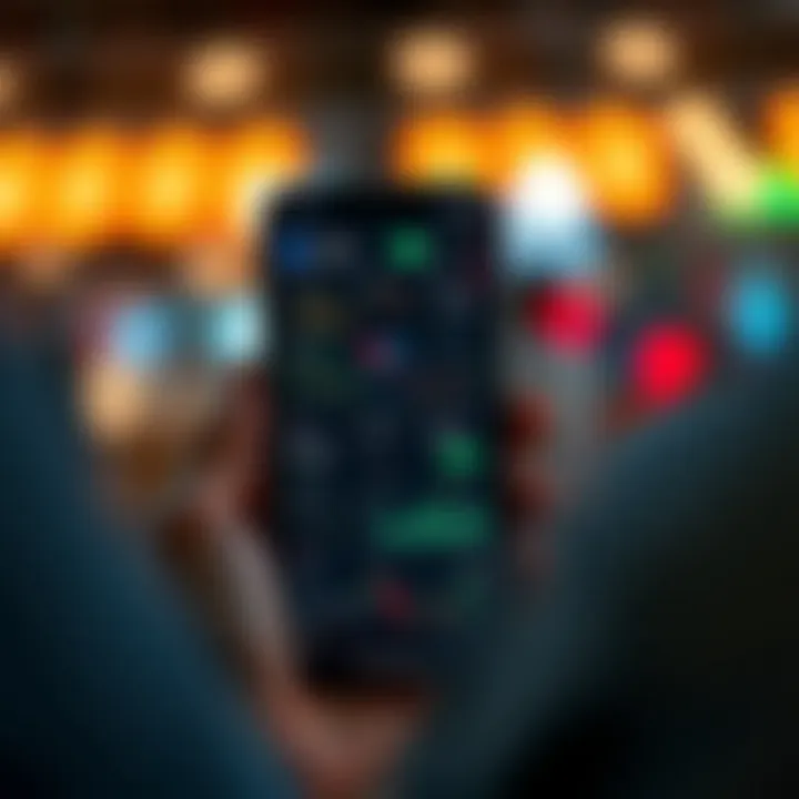 Mobile phone displaying various money trading app interfaces with charts and graphs