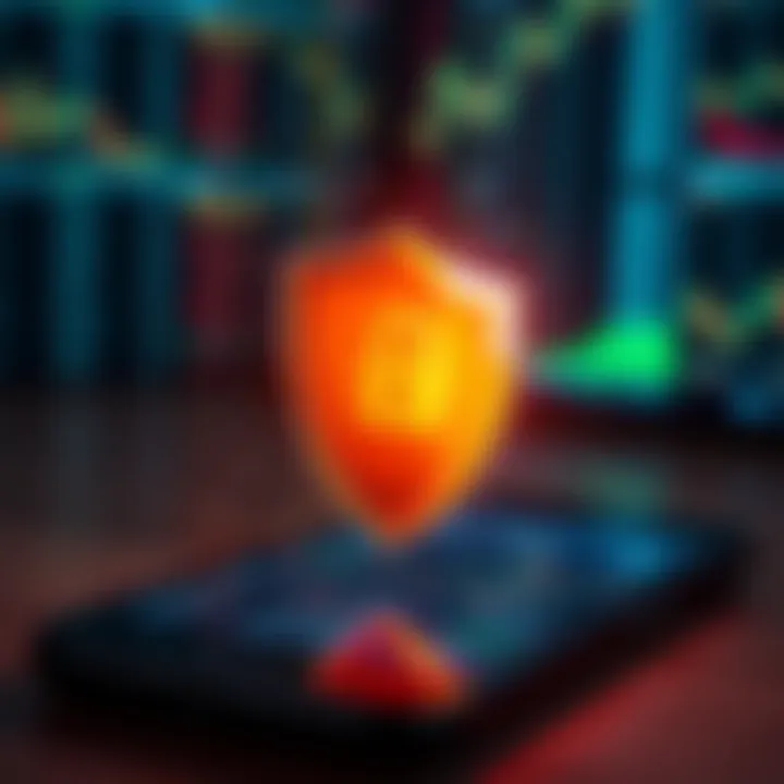 Secure Trading Environment for Investors Secure online trading with digital shield symbolizing protection of financial transactions on a smartphone