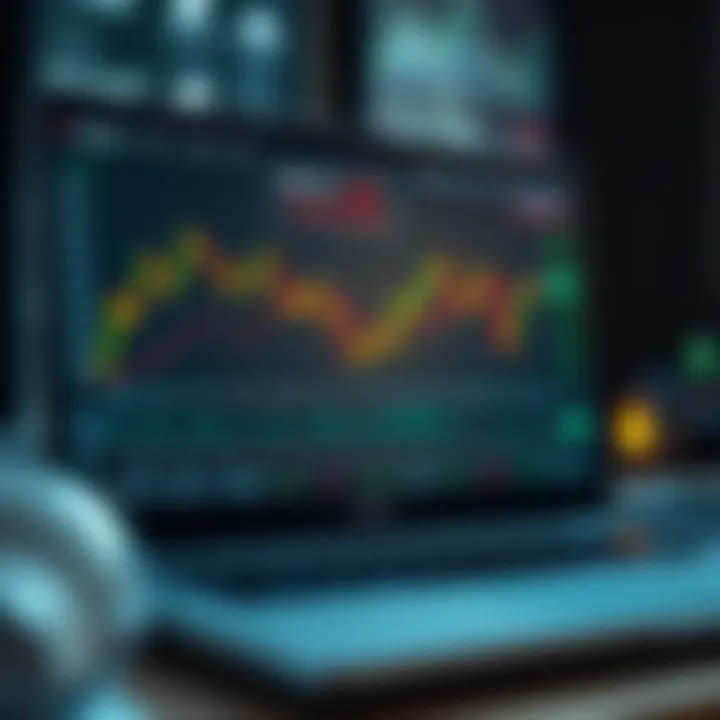 Virtual stock market trading interface displaying candlestick charts and multiple stock indices