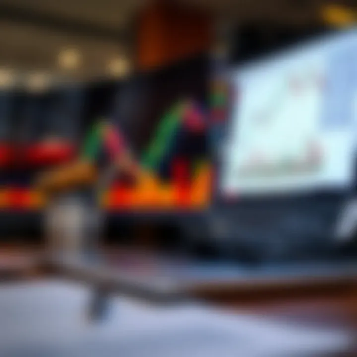 Graphical representation of stock market trends and portfolio analysis on a laptop screen