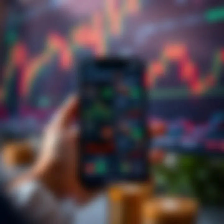 Mobile phone displaying various trading app interfaces with charts and currency symbols