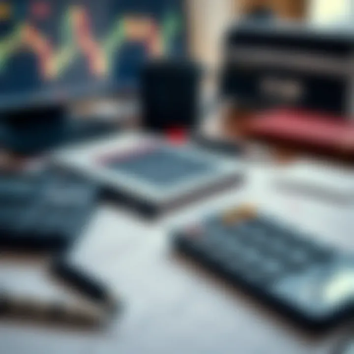 Calculator and trading tools on desk symbolizing financial planning and risk management in forex trading