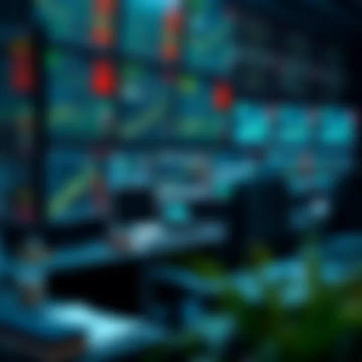 Illustration of a trading workstation featuring multiple screens showing stock data and risk management tools