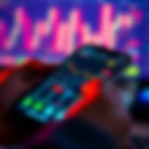 Mobile phone screen displaying a stock trading app interface with graphs and market data