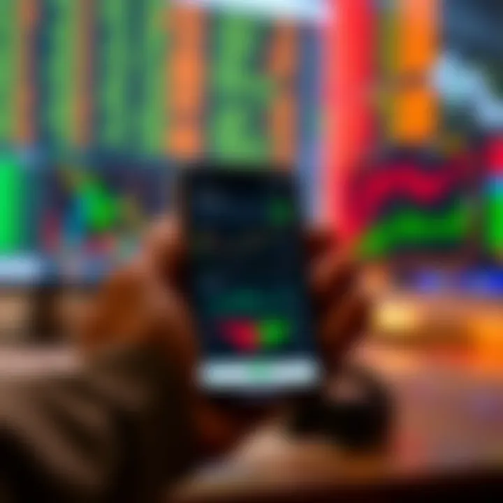 Smartphone displaying various online trading app interfaces with stock charts and market data