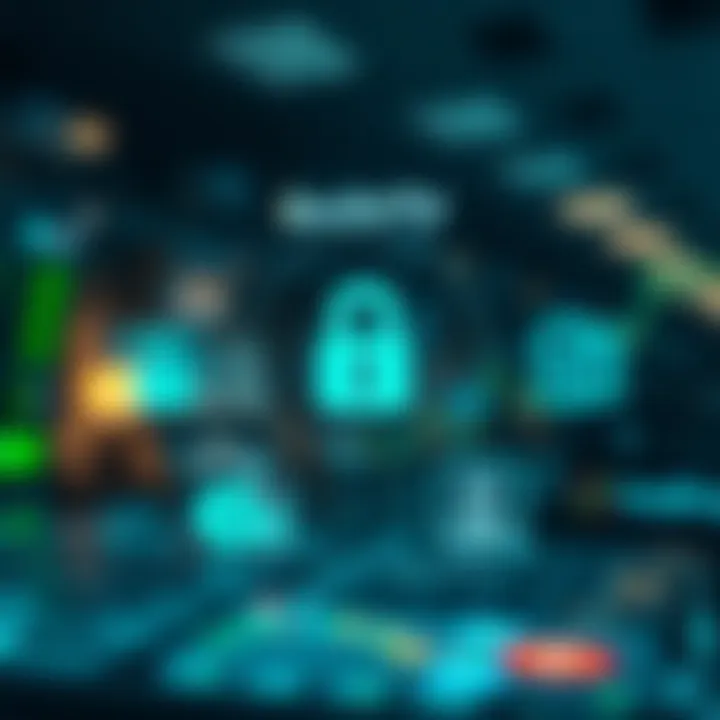 Secure digital platform with icons representing safety features like encryption and customer support