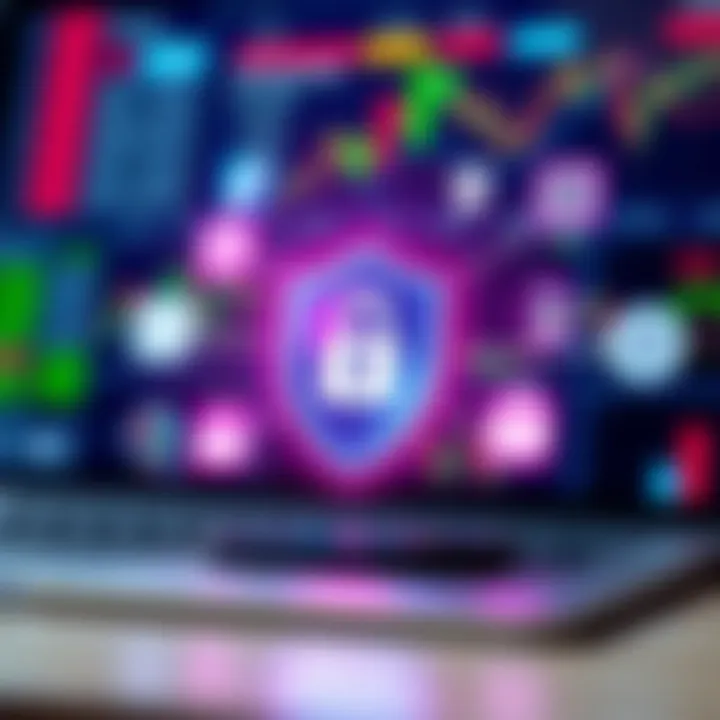 Illustration showing digital security shield surrounded by financial icons representing safe online stock trading