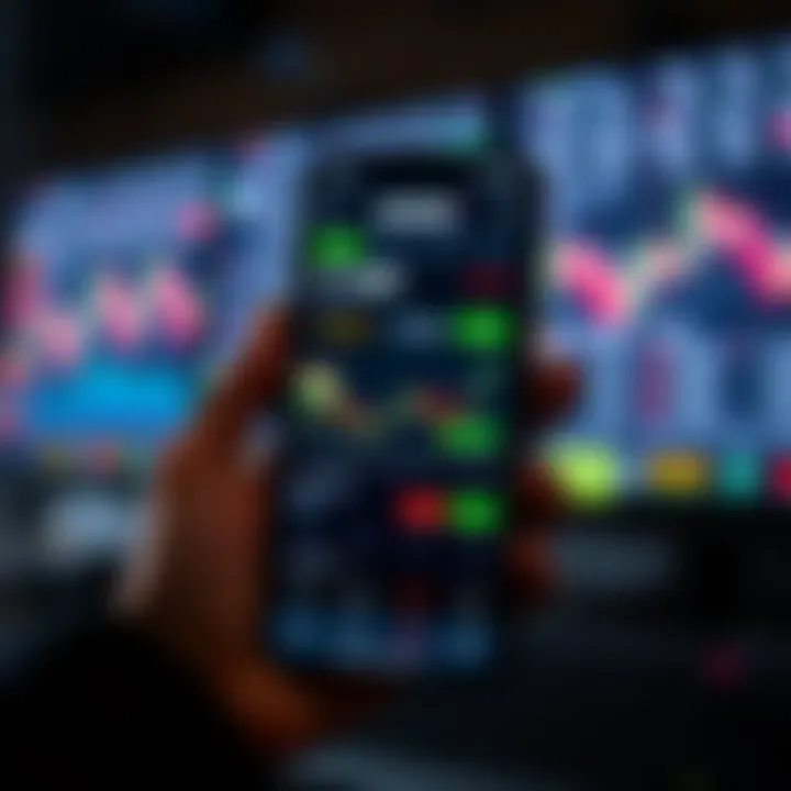 A smartphone displaying a forex trading app interface with Indian rupee symbols and stock market graphs