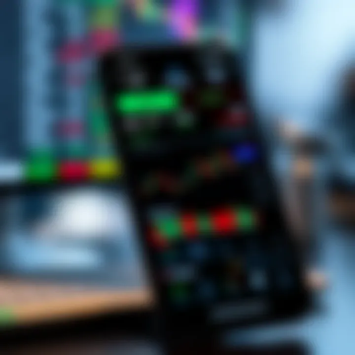 Mobile phone displaying stock market charts and trading interface with various financial data