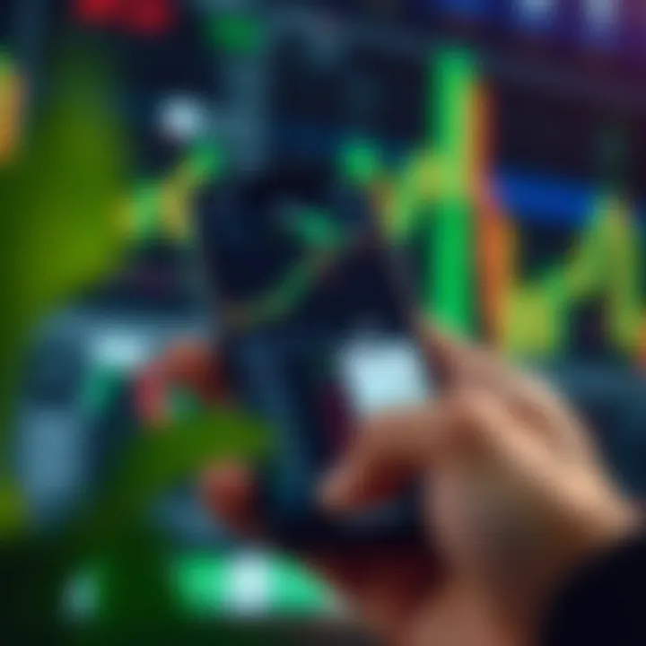 Mobile phone screen displaying a simulated stock trading app interface with dynamic charts and trade options