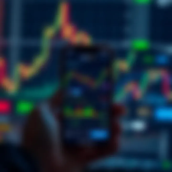Mobile phone displaying trading app interface with stock charts and financial data