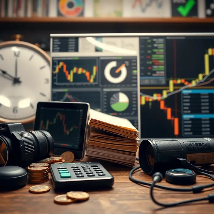 Illustration showing key elements of forex trading courses including charts, books, and digital learning devices
