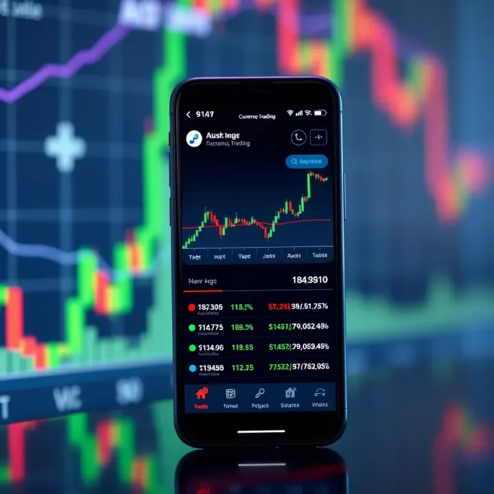 Mobile phone displaying a currency trading app interface with charts and currency exchange rates