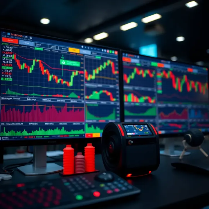 A digital interface displaying various stock charts and simulated trading dashboards