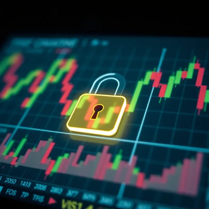 Secure digital lock symbol over financial charts representing app security