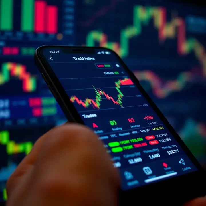 Interface of a mobile trading application showing stock market charts and real-time data