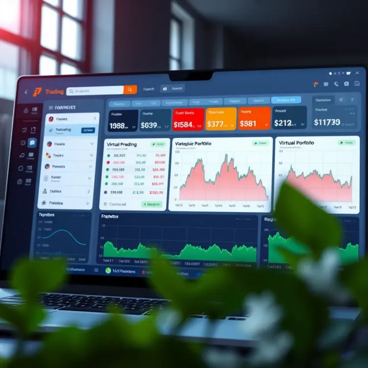 Dashboard view of a paper trading platform showing investment options and virtual portfolio performance